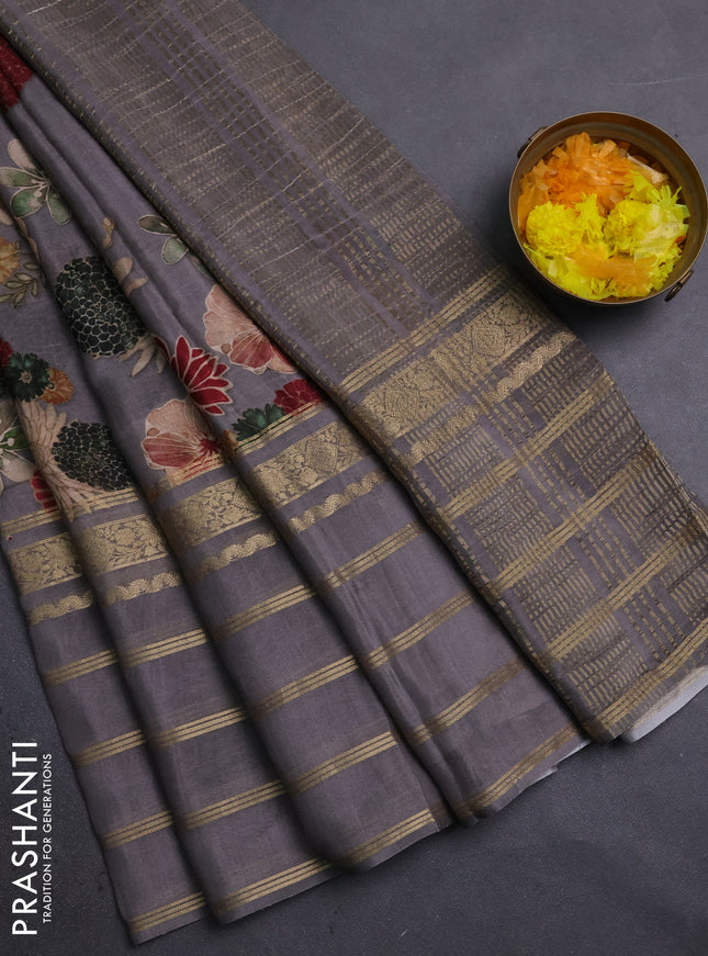 Semi georgette saree grey with allover floral prints and long zari woven border