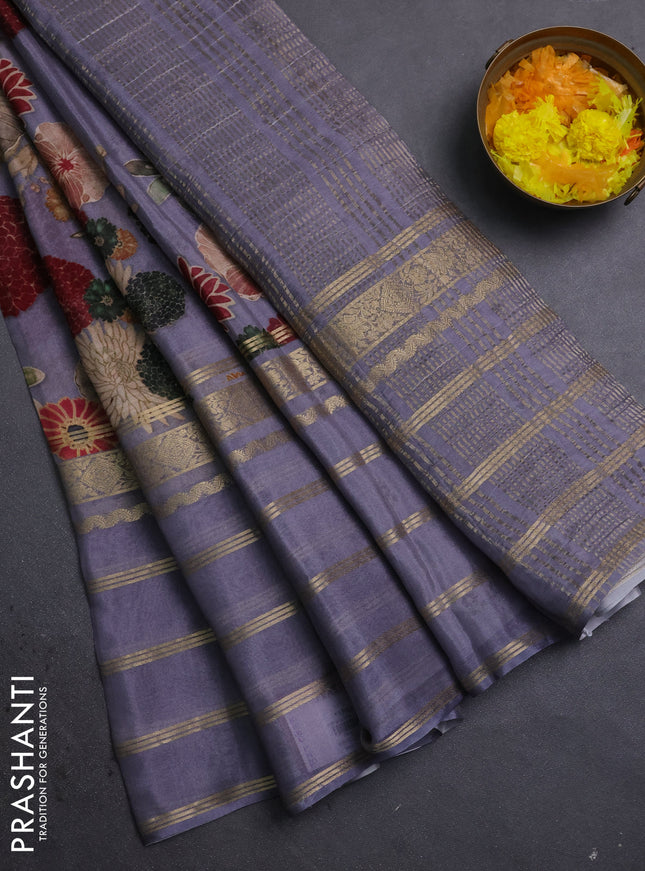 Semi georgette saree grey with allover floral prints and long zari woven border