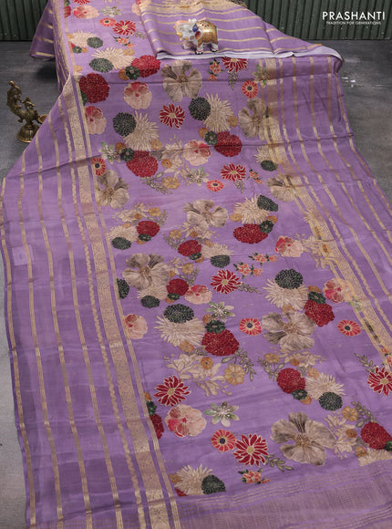 Semi georgette saree pastel purple with allover floral prints and long zari woven border