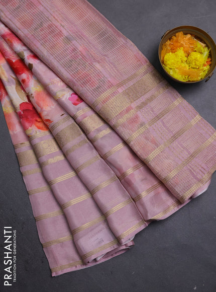 Semi georgette saree mauve pink with allover floral prints and long zari woven border