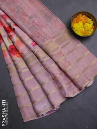 Semi georgette saree mauve pink with allover floral prints and long zari woven border