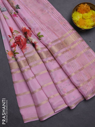 Semi georgette saree light pink with allover floral prints and long zari woven border