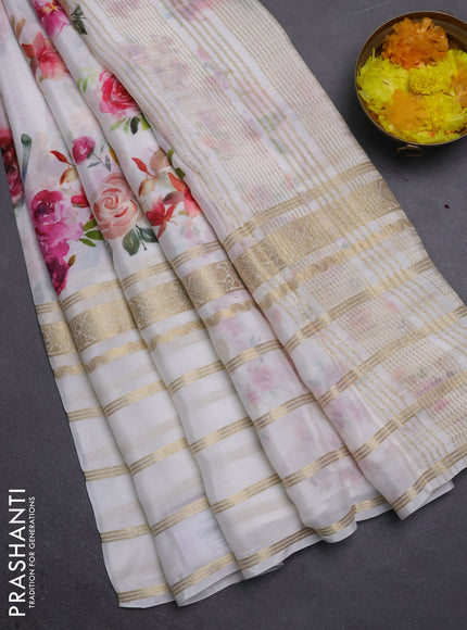 Semi georgette saree off white with allover floral prints and long zari woven border