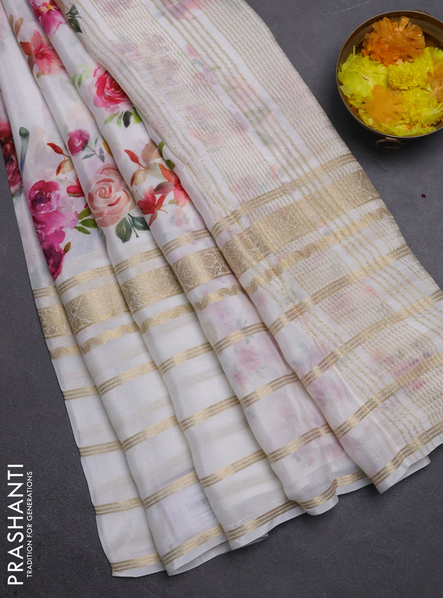 Semi georgette saree off white with allover floral prints and long zari woven border