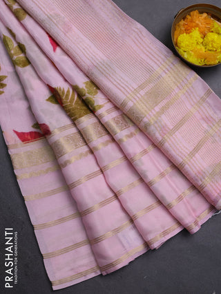 Semi georgette saree light pink with allover floral prints and long zari woven border
