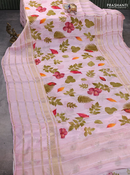 Semi georgette saree light pink with allover floral prints and long zari woven border