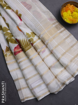 Semi georgette saree off white with allover floral prints and long zari woven border