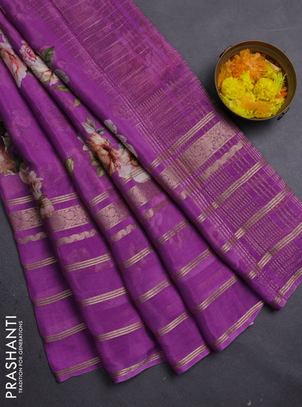 Semi georgette saree purple with allover floral prints and long zari woven border