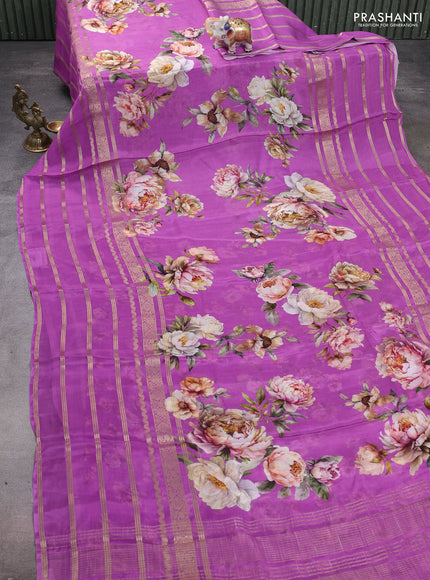 Semi georgette saree purple with allover floral prints and long zari woven border