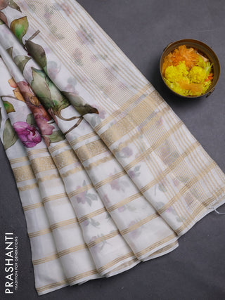 Semi georgette saree off white with allover floral prints and long zari woven border