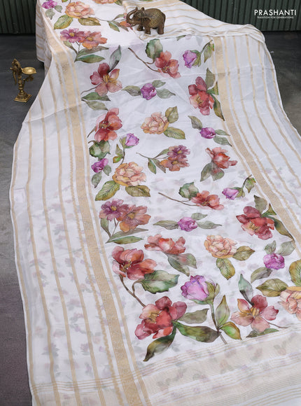 Semi georgette saree off white with allover floral prints and long zari woven border