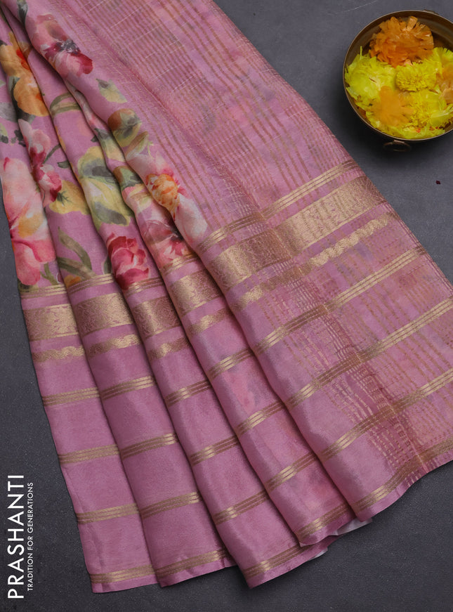 Semi georgette saree mauve pink with allover floral prints and long zari woven border