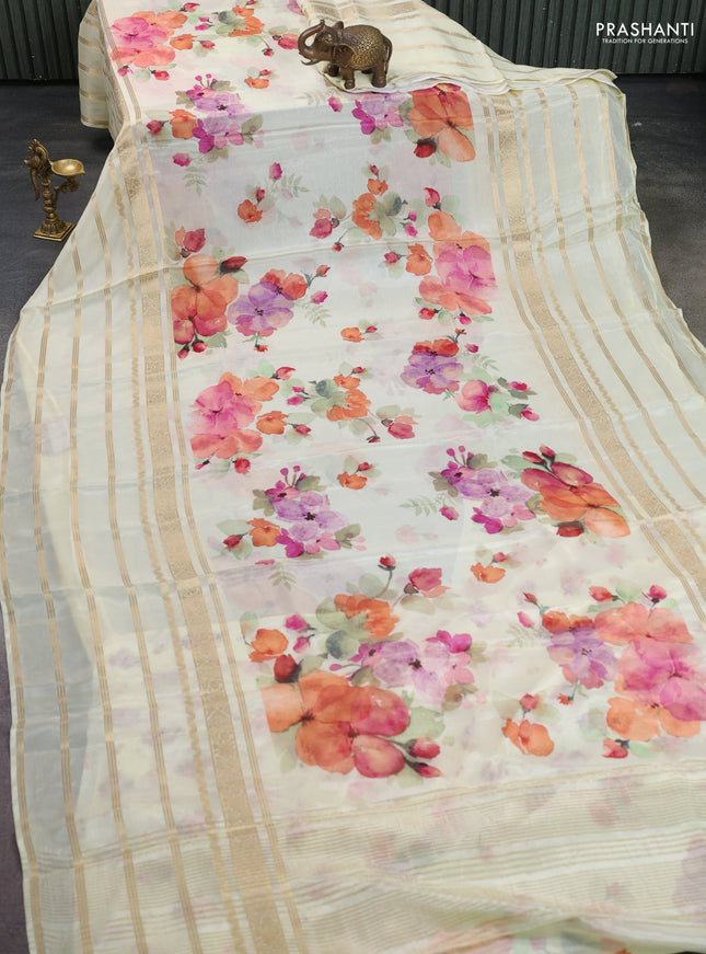 Semi georgette saree lime yellow with allover floral prints and long zari woven border