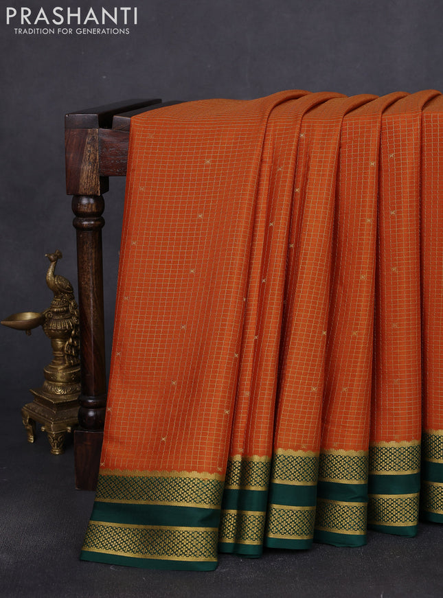 Pure mysore silk saree orange and green with allover zari woven checked pattern and rettapet zari woven borbder