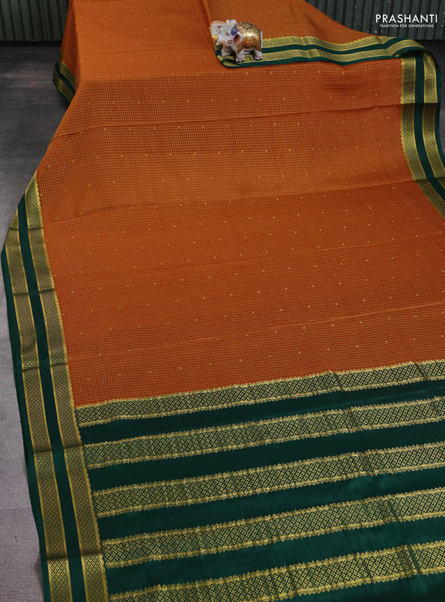 Pure mysore silk saree orange and green with allover zari woven checked pattern and rettapet zari woven borbder