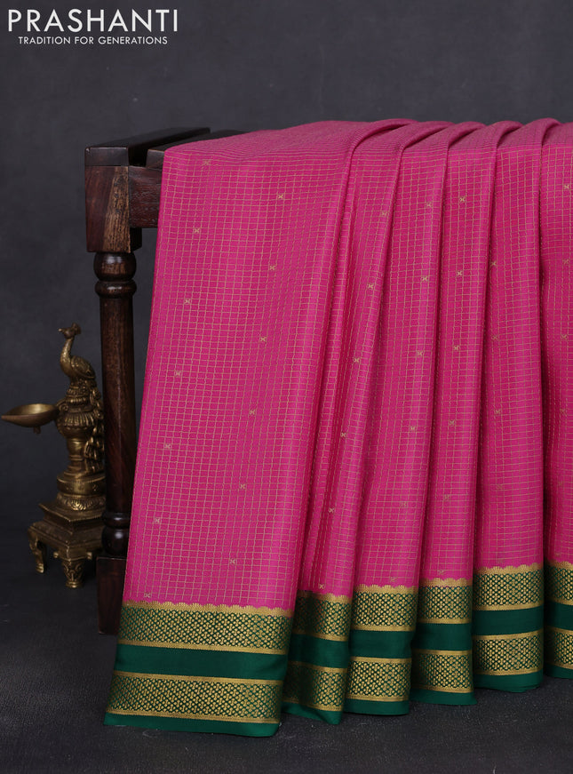 Pure mysore silk saree pink and green with allover zari woven checked pattern and rettapet zari woven borbder