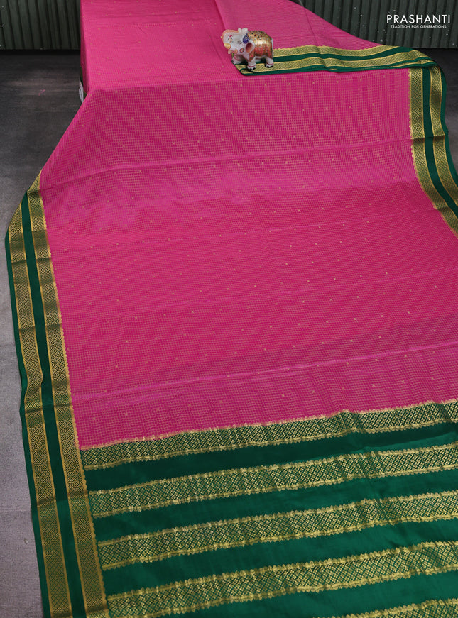 Pure mysore silk saree pink and green with allover zari woven checked pattern and rettapet zari woven borbder