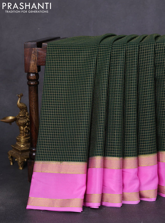 Pure mysore silk saree bottle green and light pink with allover zari woven checked pattern and rettapet zari woven borbder