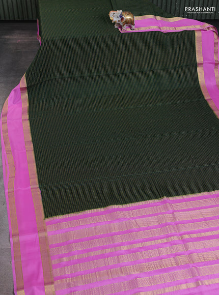 Pure mysore silk saree bottle green and light pink with allover zari woven checked pattern and rettapet zari woven borbder