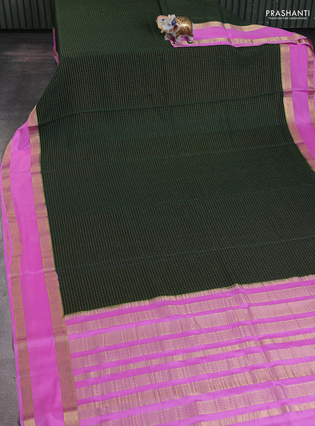 Pure mysore silk saree bottle green and light pink with allover zari woven checked pattern and rettapet zari woven borbder