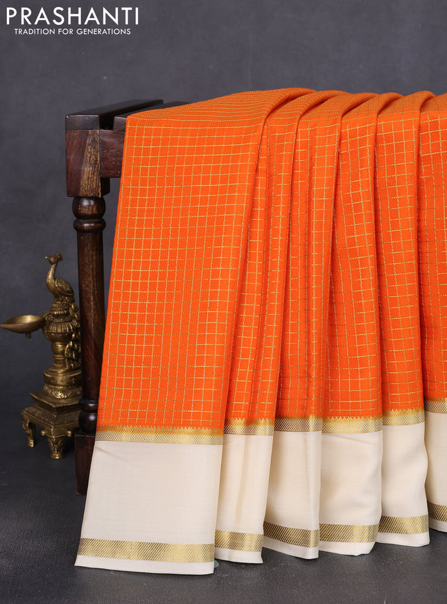 Pure mysore silk saree orange and cream with allover zari woven checked pattern and rettapet zari woven borbder