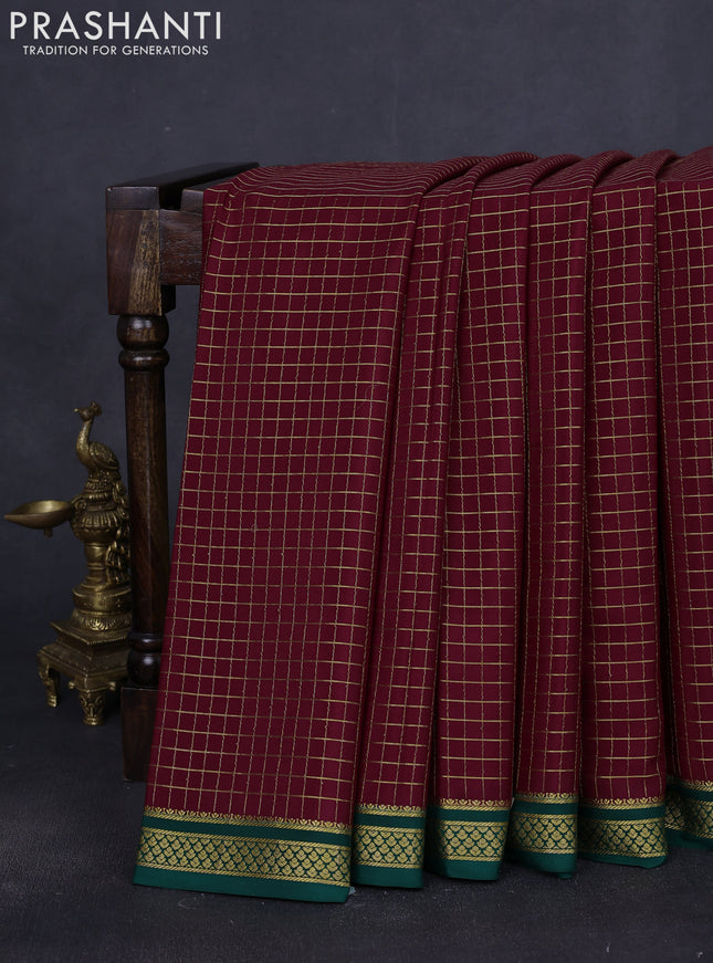 Pure mysore silk saree maroon and green with allover zari woven checked pattern and zari woven borbder