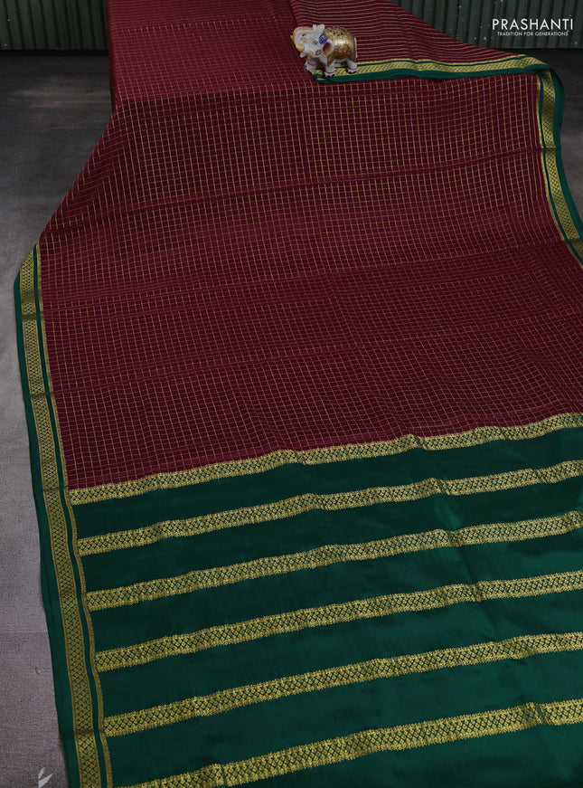 Pure mysore silk saree maroon and green with allover zari woven checked pattern and zari woven borbder