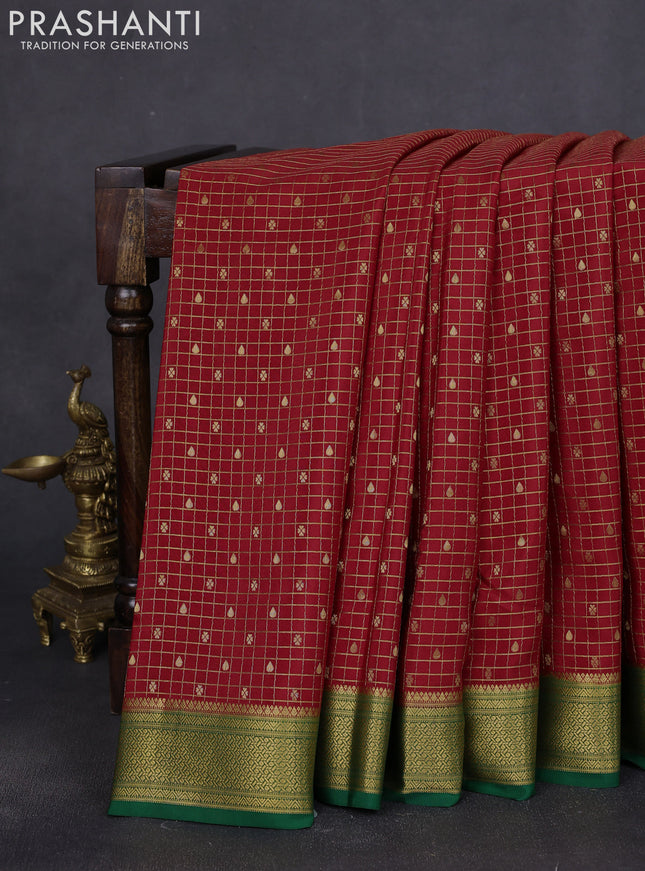 Pure mysore silk saree red and green with allover zari checks & buttas and zari woven borbder