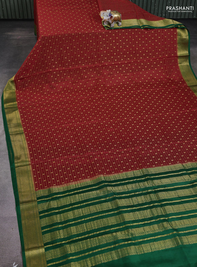 Pure mysore silk saree red and green with allover zari checks & buttas and zari woven borbder