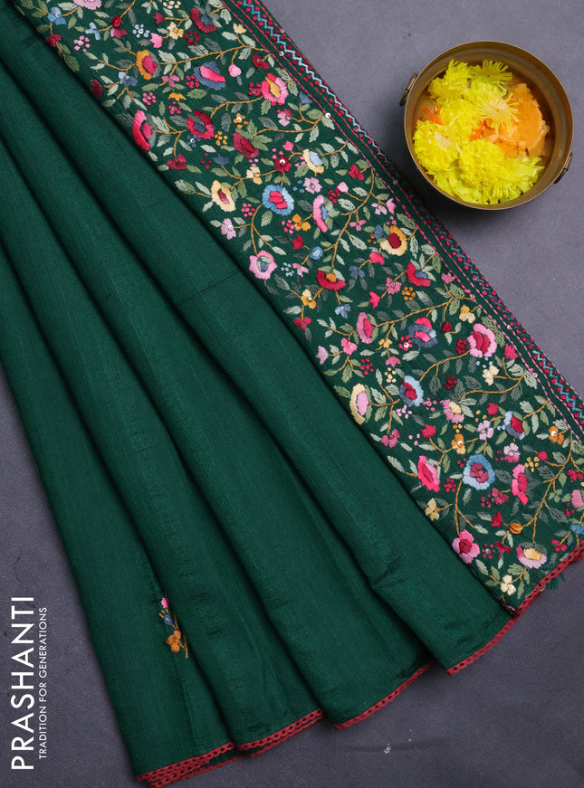 Semi tussar saree green with embroided buttas and embroidery pallu