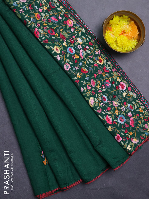 Semi tussar saree green with embroided buttas and embroidery pallu