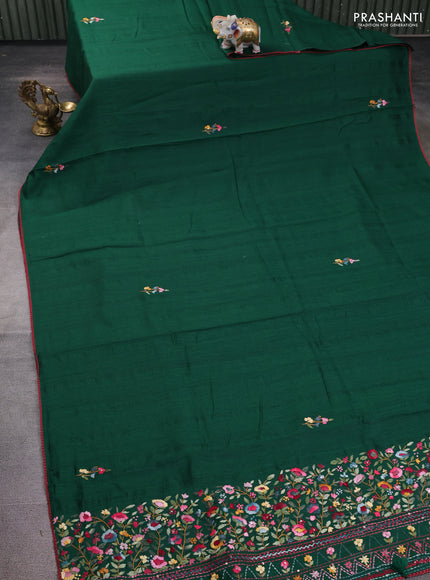Semi tussar saree green with embroided buttas and embroidery pallu