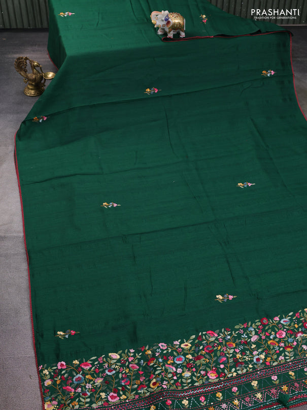 Semi tussar saree green with embroided buttas and embroidery pallu