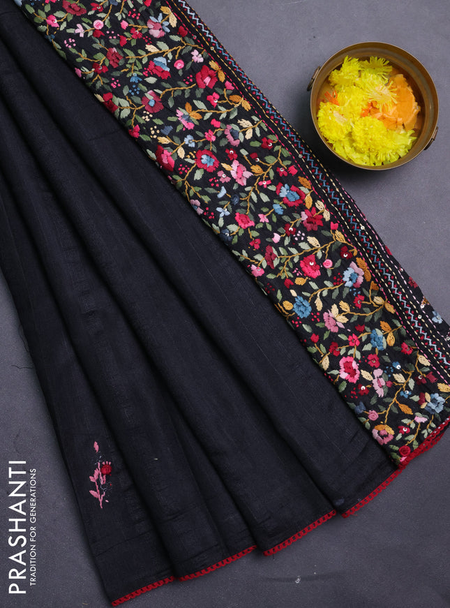 Semi tussar saree black with embroided buttas and embroidery pallu