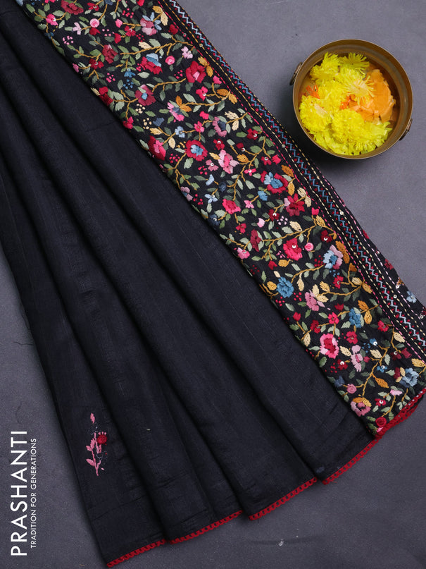 Semi tussar saree black with embroided buttas and embroidery pallu
