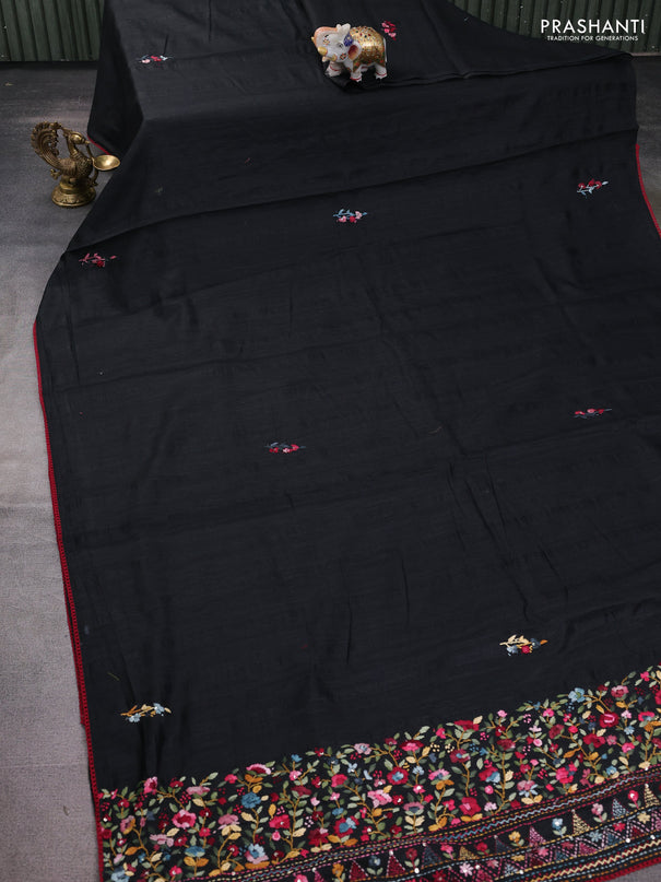 Semi tussar saree black with embroided buttas and embroidery pallu