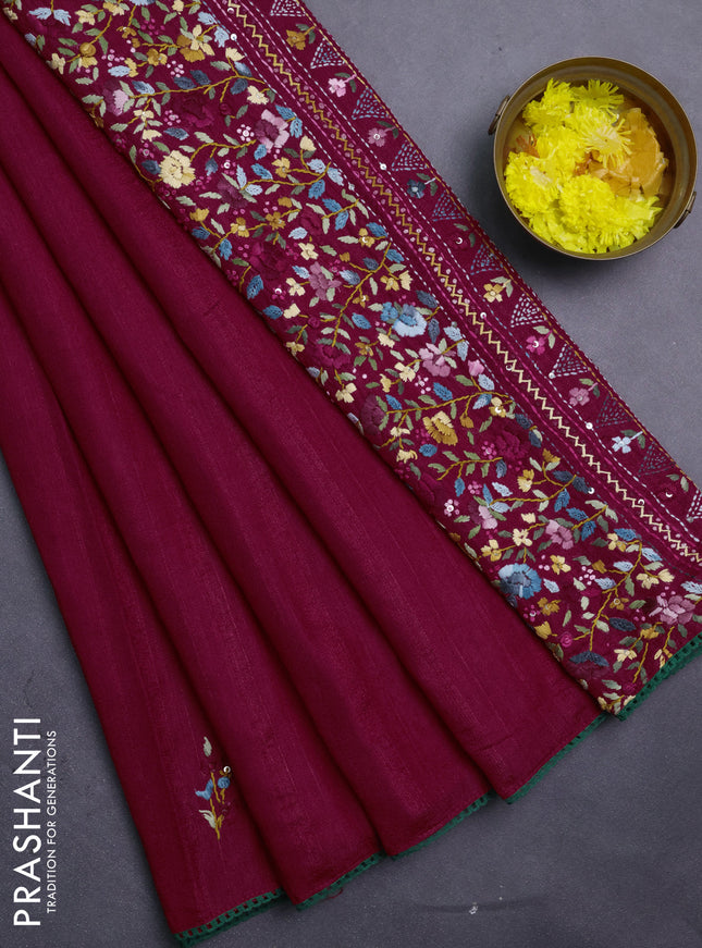 Semi tussar saree maroon with embroided buttas and embroidery pallu
