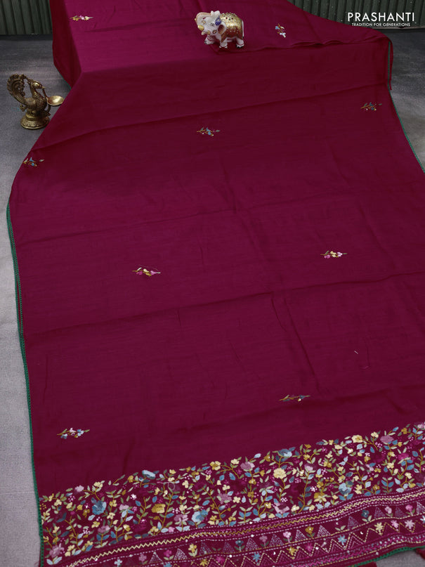Semi tussar saree maroon with embroided buttas and embroidery pallu
