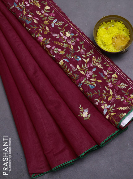 Semi tussar saree maroon with embroided buttas and embroidery pallu