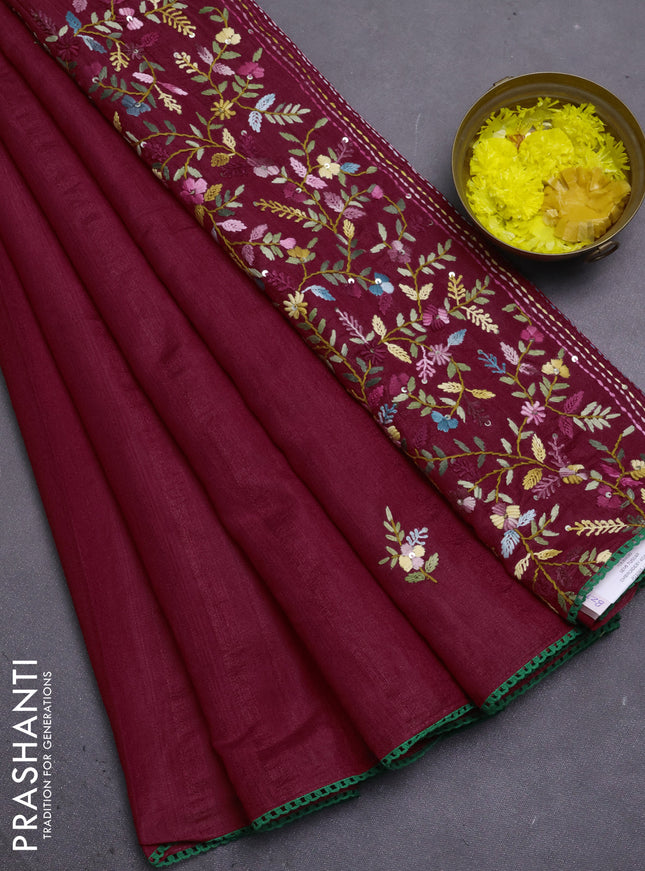 Semi tussar saree maroon with embroided buttas and embroidery pallu