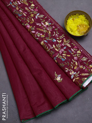 Semi tussar saree maroon with embroided buttas and embroidery pallu
