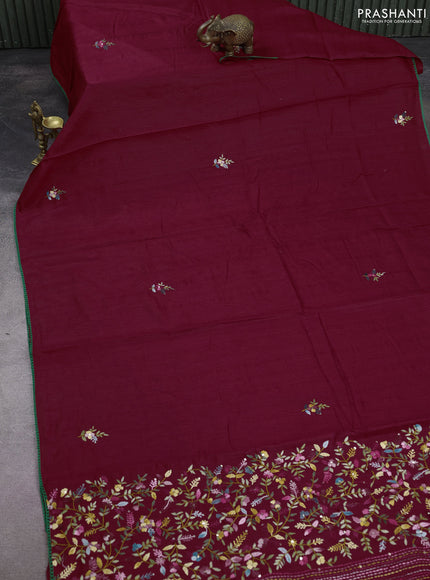 Semi tussar saree maroon with embroided buttas and embroidery pallu