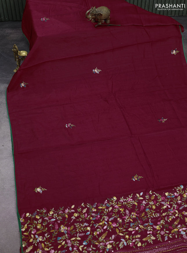 Semi tussar saree maroon with embroided buttas and embroidery pallu