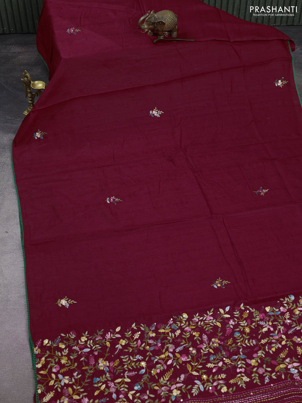 Semi tussar saree maroon with embroided buttas and embroidery pallu