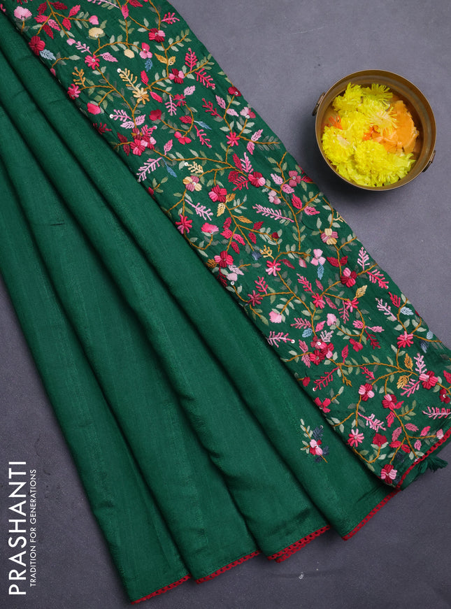 Semi tussar saree green with embroided buttas and embroidery pallu