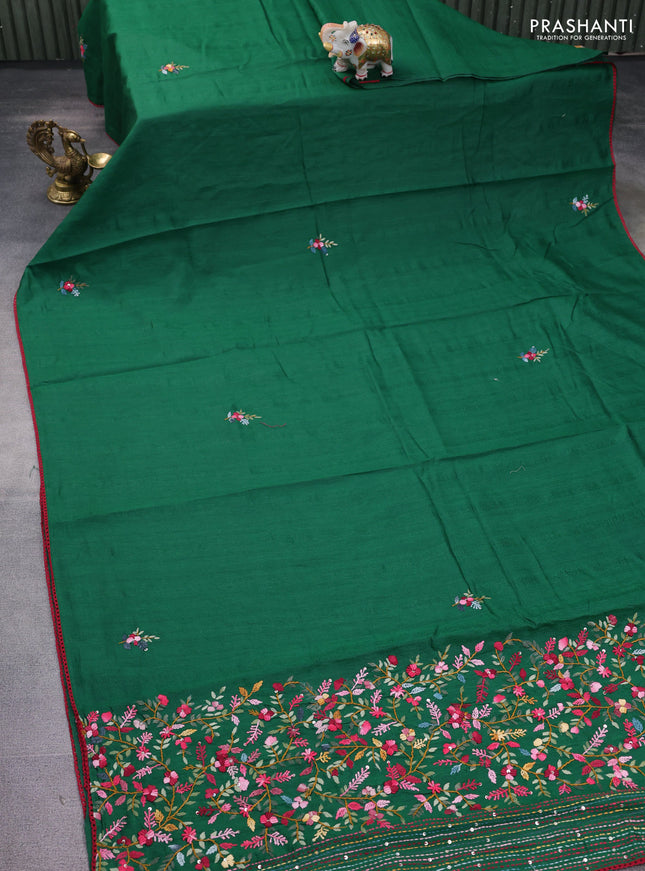 Semi tussar saree green with embroided buttas and embroidery pallu
