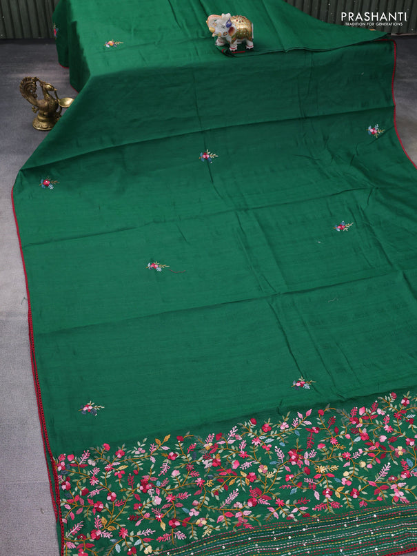Semi tussar saree green with embroided buttas and embroidery pallu