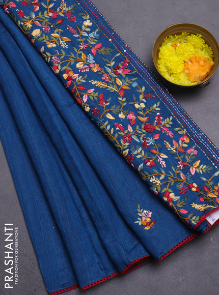 Semi tussar saree peacock blue with embroided buttas and embroidery pallu