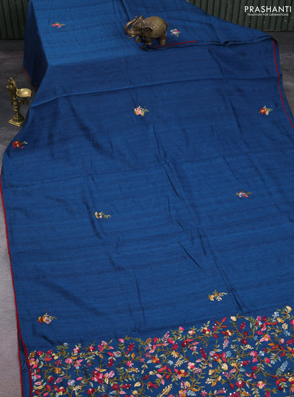 Semi tussar saree peacock blue with embroided buttas and embroidery pallu