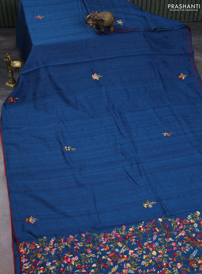 Semi tussar saree peacock blue with embroided buttas and embroidery pallu